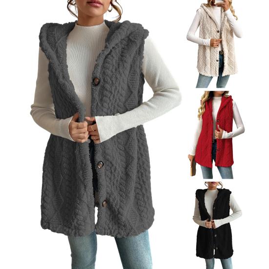 Women's Sleeveless Hoodie Coat Button Down Faux Fur Fuzzy Coat Oversized Textured Hooded Vest Fall Outerwear