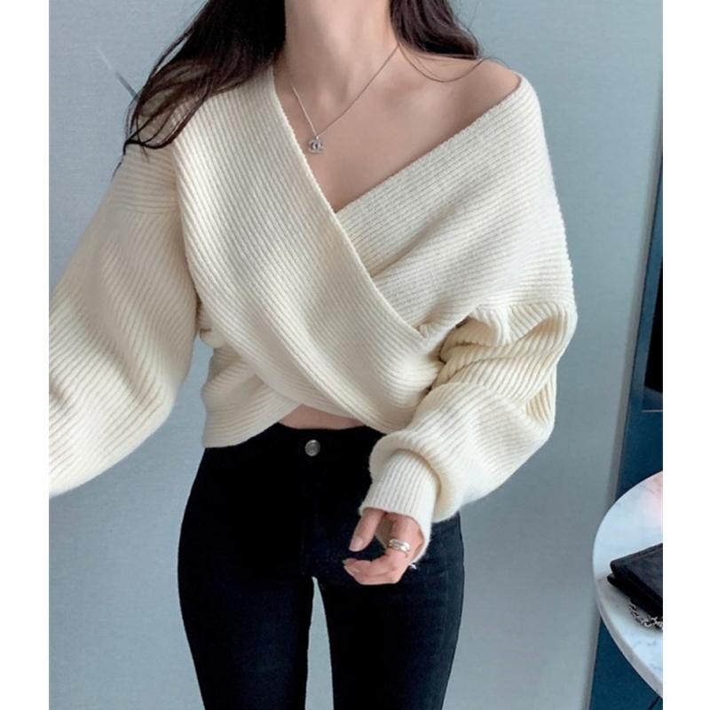 Temperament Simple cross-V-neck Loose Women's Sweater, Autumn and Winter Commuting All-match Elegant Women's Sweater Top