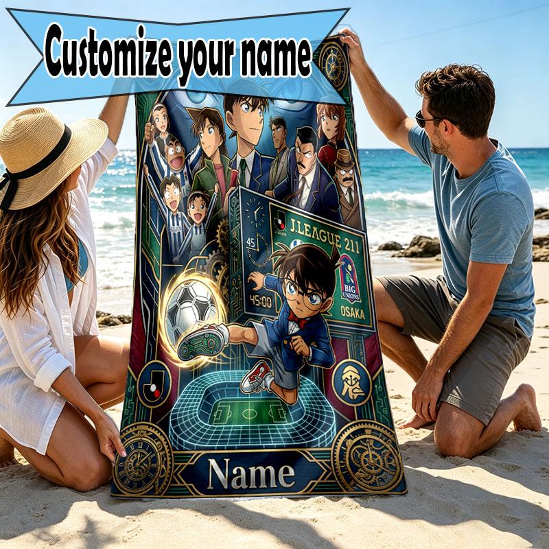 Custom Name Personalized Detective Conan Print Beach Towel, for Trip Camping Beach Party Home Decor, Birthday Gift for Family & Friends