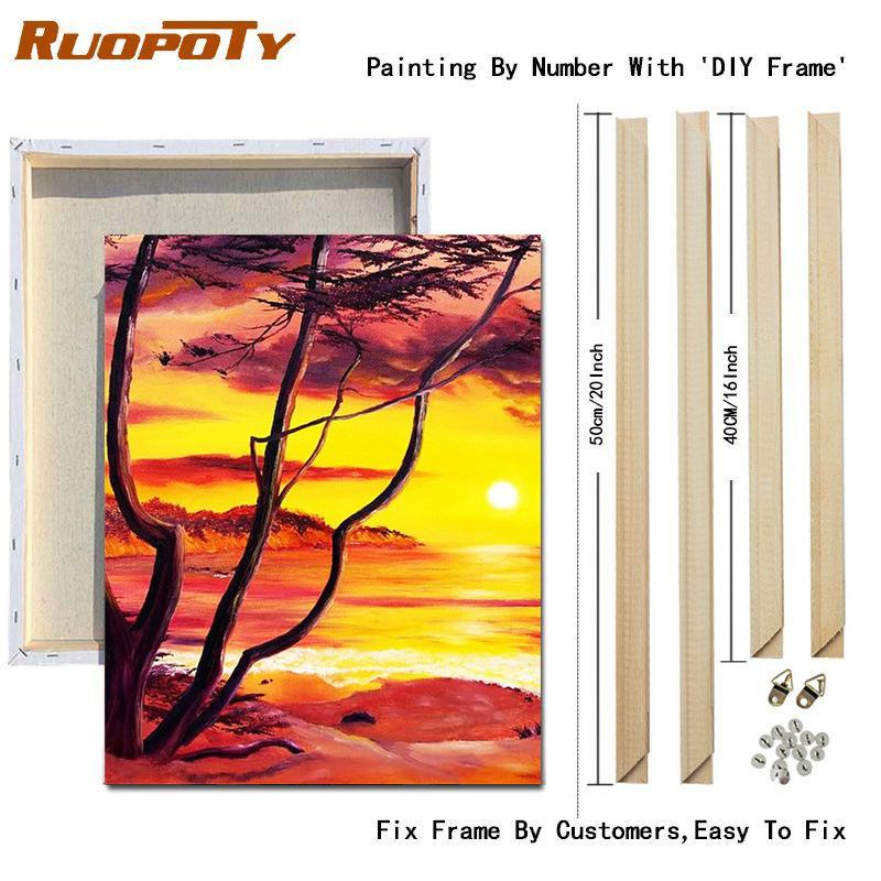 RUOPOTY Картина по номерам, пейзаж заката, рисунок на холсте, ручная роспись, домашний декор, подарок, картина по номерам, наборы для морского пляжа