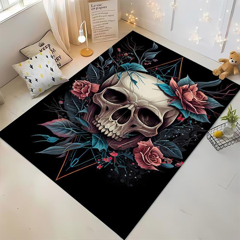 Skull Floral Art Carpet with Roses and Leaves on Black Background Suitable for use as an anti-slip for living room bedroom sofas