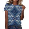 Women's Retro Patterned Printed Short Sleeved Loose Round Neck T-shirt Top