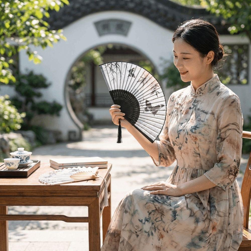 Antique Bamboo Folding Fan Ink Wash Painting Portable Fan Decorative Silk Hand Fan  Hanfu Cheongsam