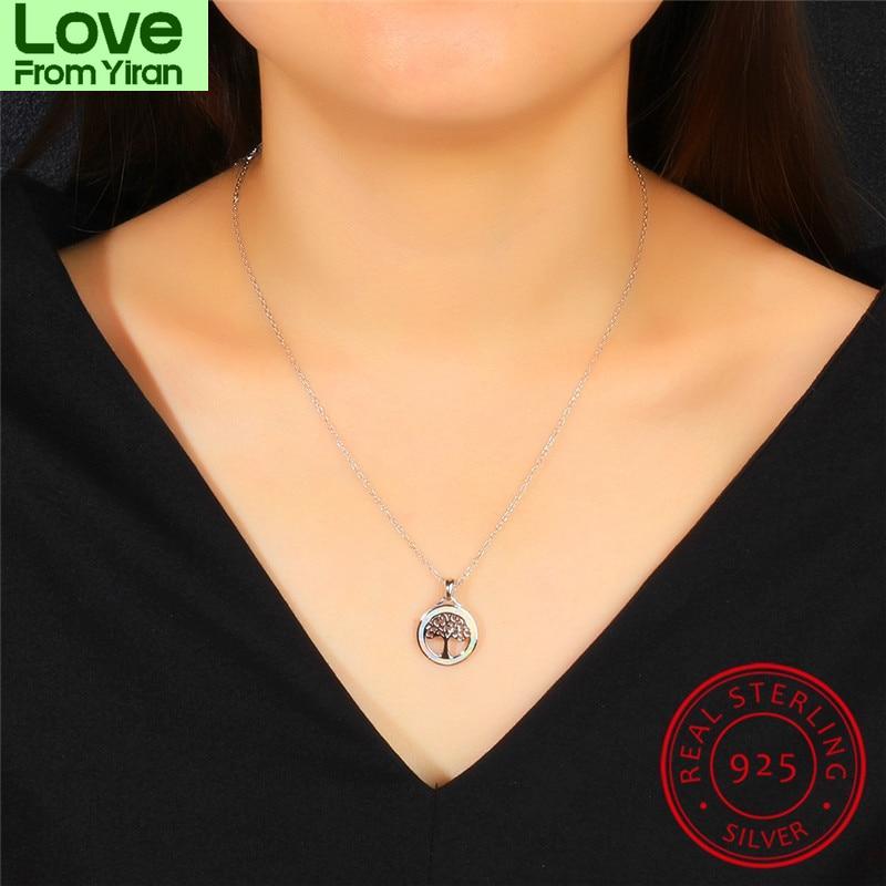 Blaike Vivid White Fire Opal Circle &Life Tree Pendants Solid S925 Sterling Silver Hollow Birthstone Clavicle Necklace Women