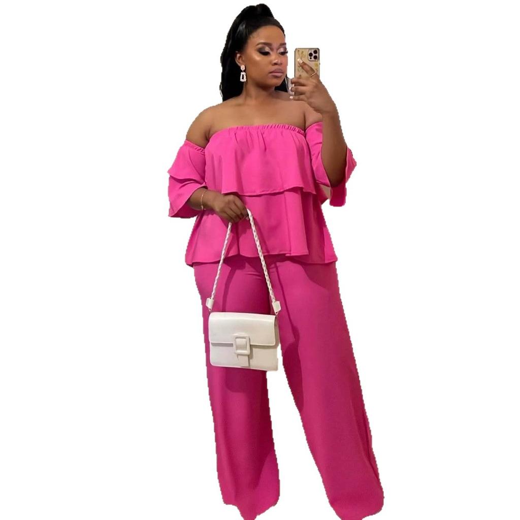 European and American fashion suit, sexy one-word collar large size loose double-layer top, African temperament casual trousers two-piece set