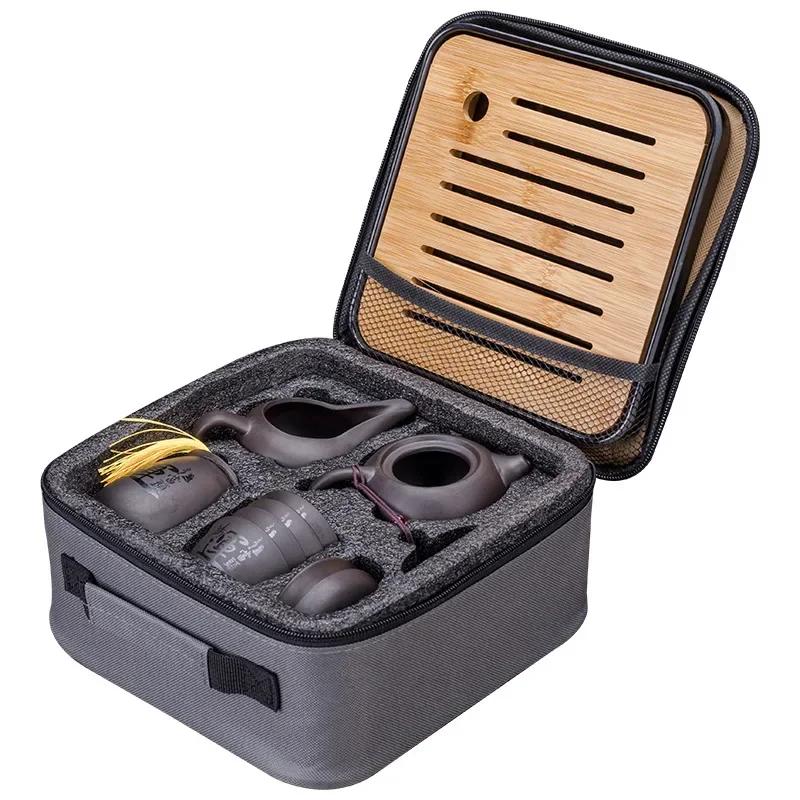 Китайский чайный сервиз Kung Fu, керамический чайник с песком, дорожный чайный набор Kong Fu, подарочный фарфоровый фиолетовый чайник с песком, заварочный керамический чайный сервиз