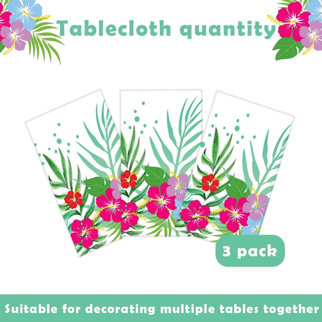 3 Pack Hawaiian Luau Tablecloths for Party Decoration, Hawaii Disposable Plastic Rectangular Table Covers, Aloha Tropical Palm Leaves Table Cloth,