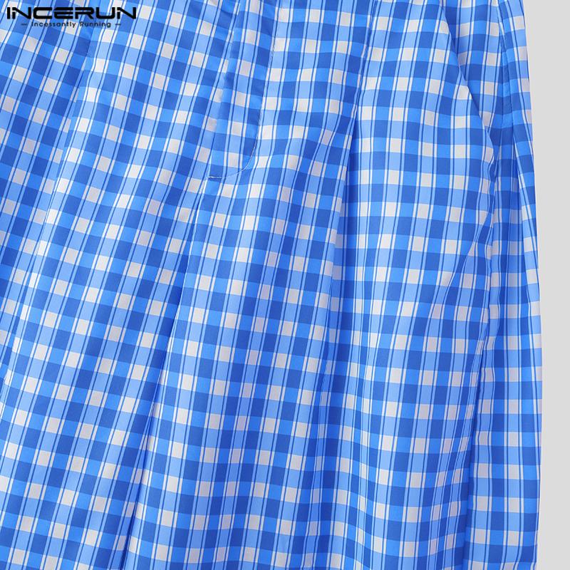 INCERUN Men Casual Loose Zip-up Waist Plaid Nonelastic Wide Legs Pants Long Trousers