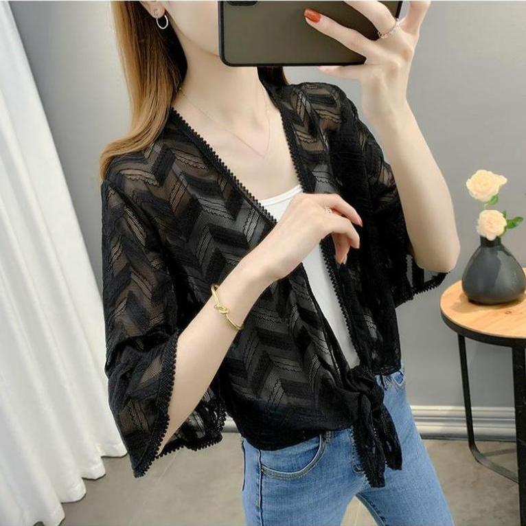 Ажурный шифоновый кардиган, солнцезащитная куртка для лета в паре с кружевной тонкой верхней одеждой, женская шаль