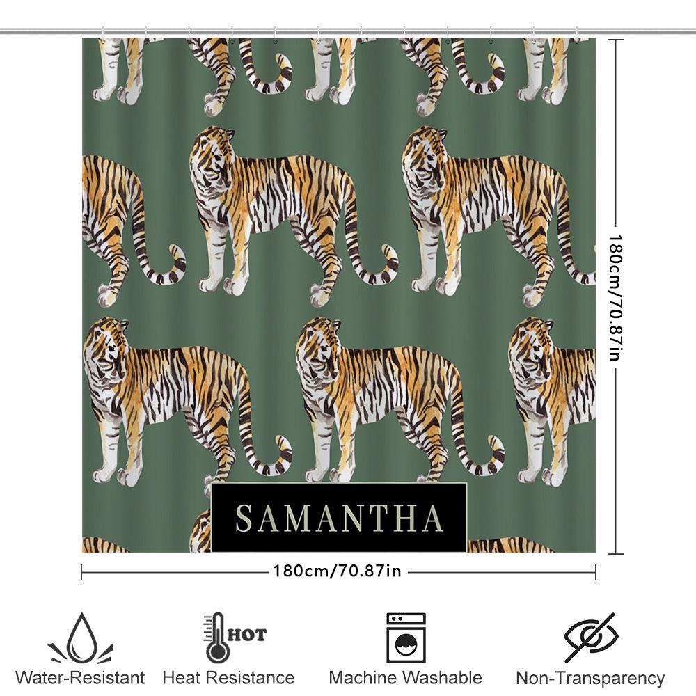 Стильная шторка для душа с тигровым принтом для декора ванной комнаты, персонализированная с пользовательским именем, с зеленым фоновым узором, украшение для дома.