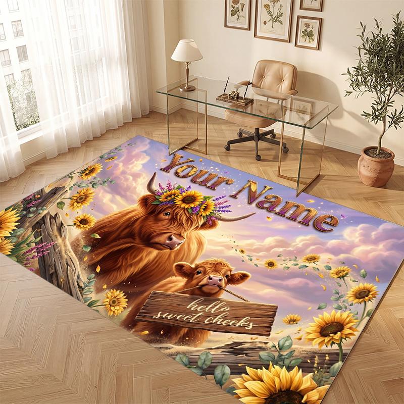 Highland Cow Theme Soft Crystal Velvet Rug Custom Name & Text Print Non Slip Floor Rug for Bedroom Living Room