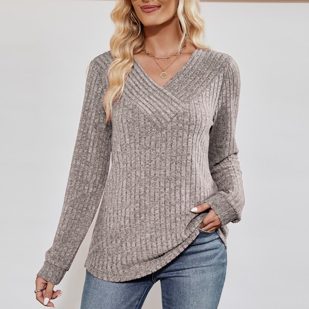 Женская мода однотонный длинный рукав V-образный вырез повседневный пуловер футболка топ