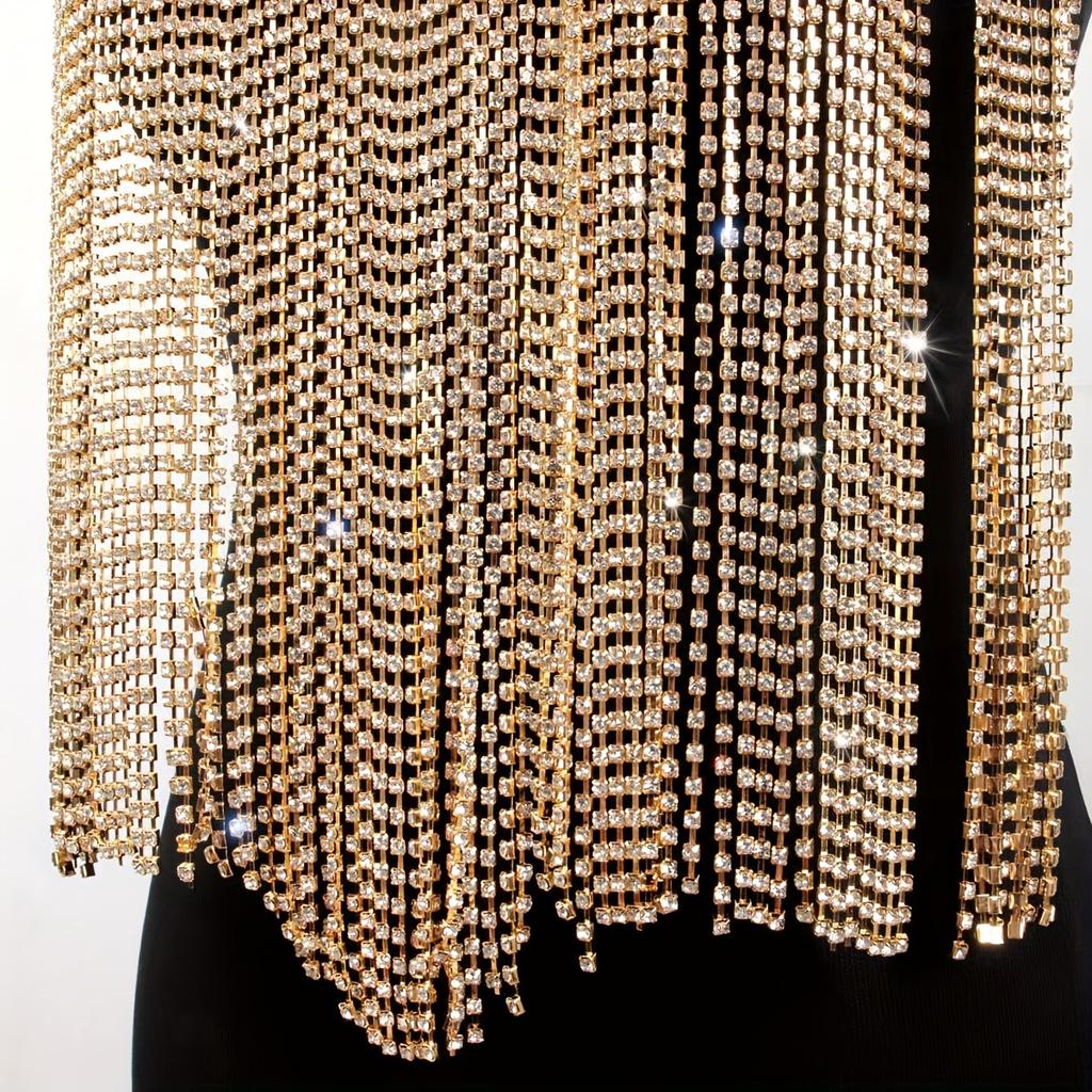 Shiny Rhinestone Tassel Pendant Crop Top Chest Chain Multi Layers Body Chain Dress Accessories