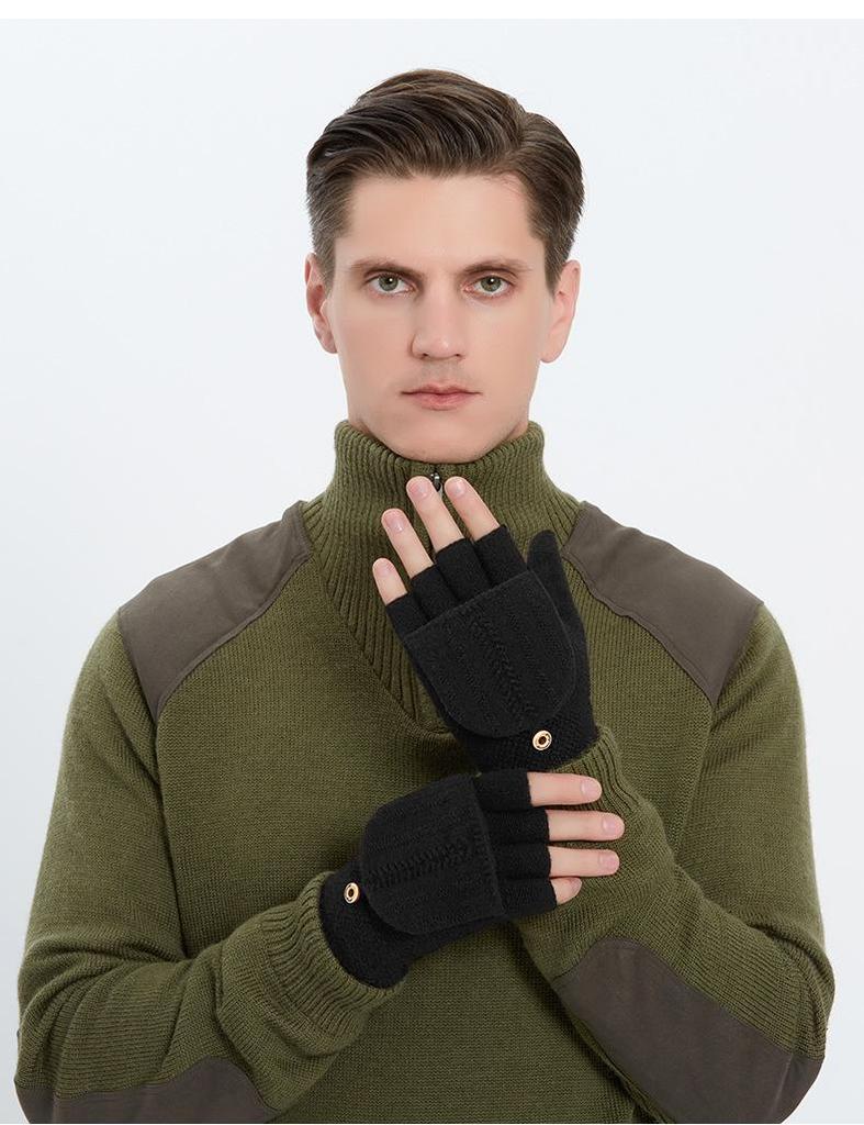 Мужские зимние вязаные перчатки-флип - ветрозащитные, теплые, с нескользящей ладонью, толстые перчатки для отдыха на природе (Модель DZ102).
