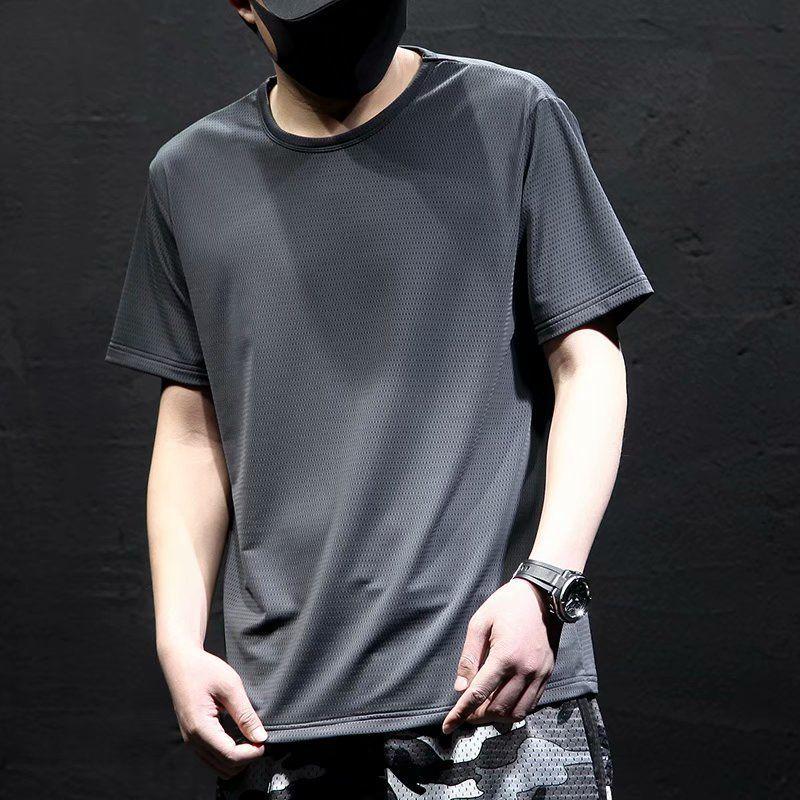 Men's Summer Mesh Ice Silk Quick-Dry Short-Sleeve Round Neck T-Shirt - Breathable, Loose Fit, Plus Size Sports Top