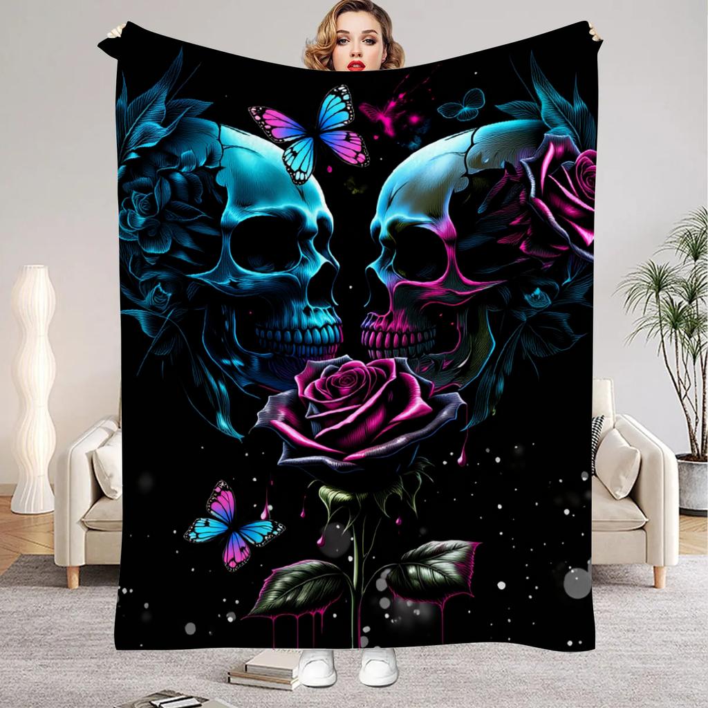 1Pc Digital Printed Rose and Skull Flannel Blanket Mattress Cover Blanket for Family BedsSofasOfficesOutdoor Camping