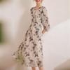 Новое весенне-летнее женственное струящееся длинное платье с принтом и V-образным вырезом, облегающее женское платье с рукавом три четверти