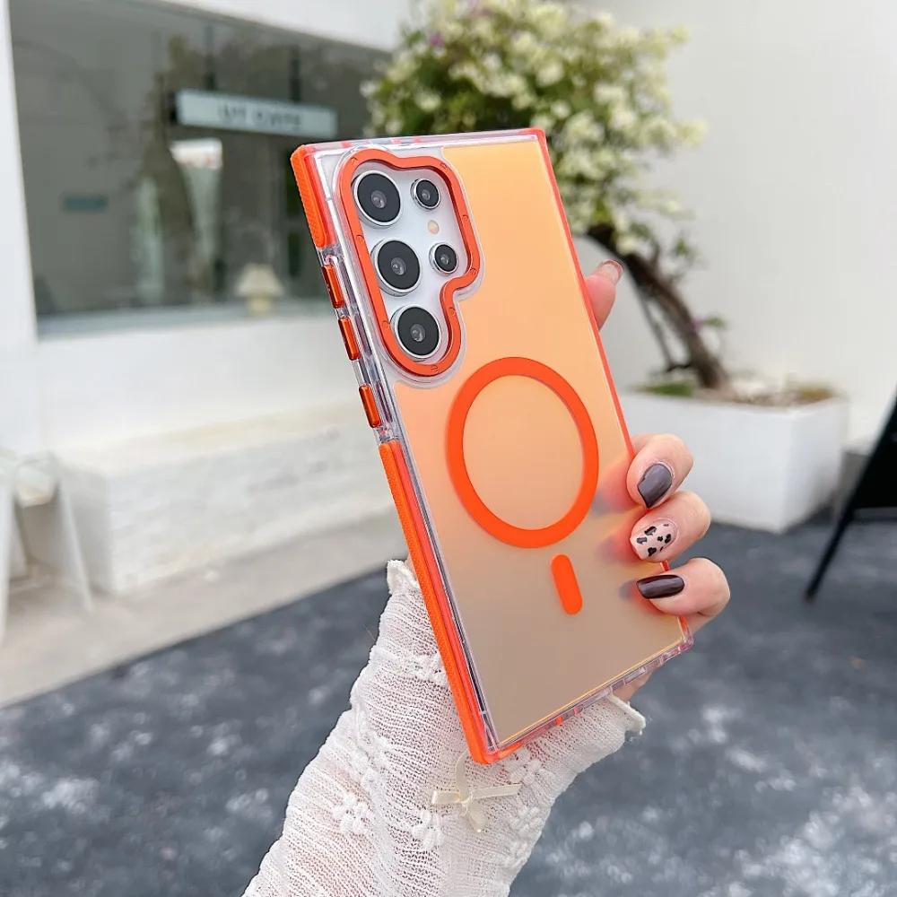 Металлический чехол для телефона MagSafe для Samsung Galaxy S25 S24 Ultra S23 Plus S22 S21 A53 A54 A55 Беспроводная зарядка Изменяющий цвет чехол