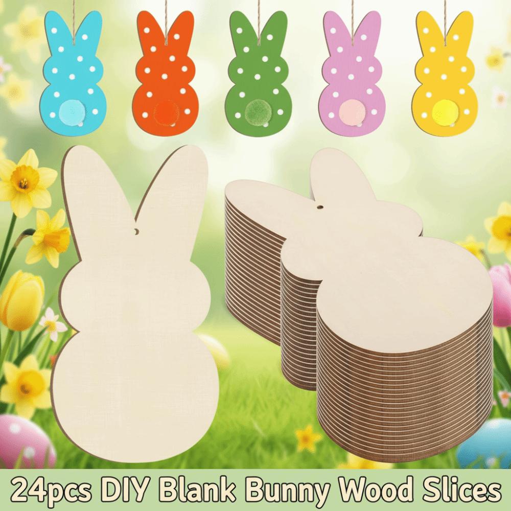 24pcs/set DIY Color Easter Rabbit Craft Unfinished Blank Bunny Wood Slices Hanging Ornament