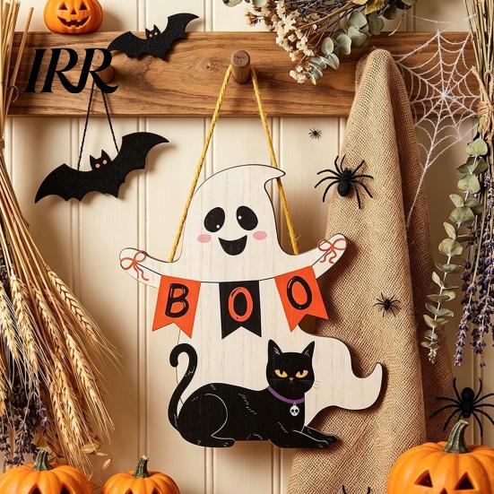 Indoor Outdoor Holiday Sign Black Cat Ghost Door Sign, Halloween Decorative Plaque, Wooden Hanging Craft Decorations Vintage Rustic Decor with