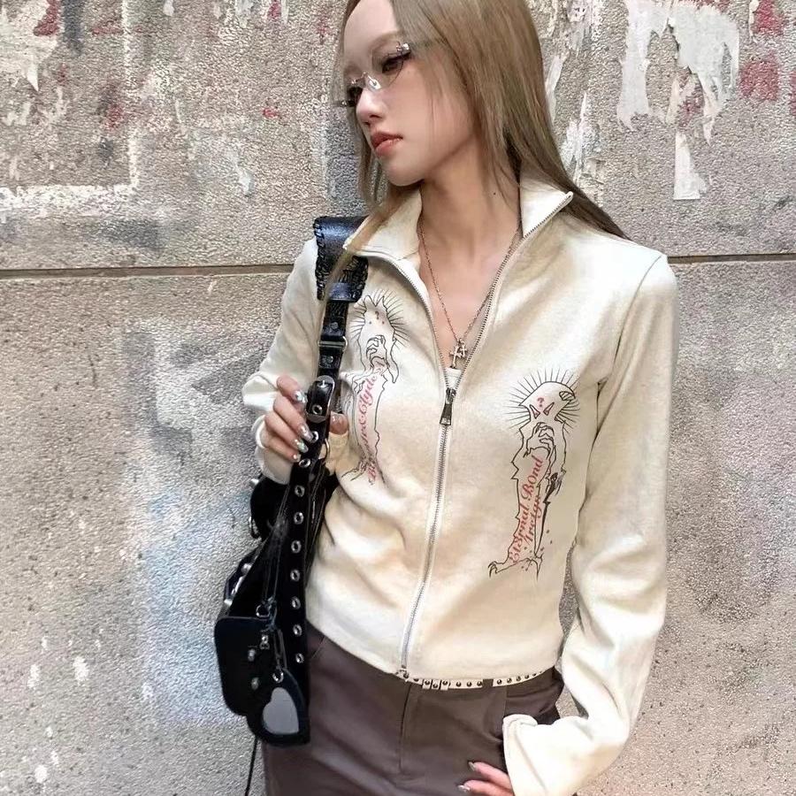 2KWEIRD Harajuku Turtleneck Cardigan Vintage Grunge Print Jacket Fairycore Y2k Ribbed Cardigans E-girl Graphic Clothes