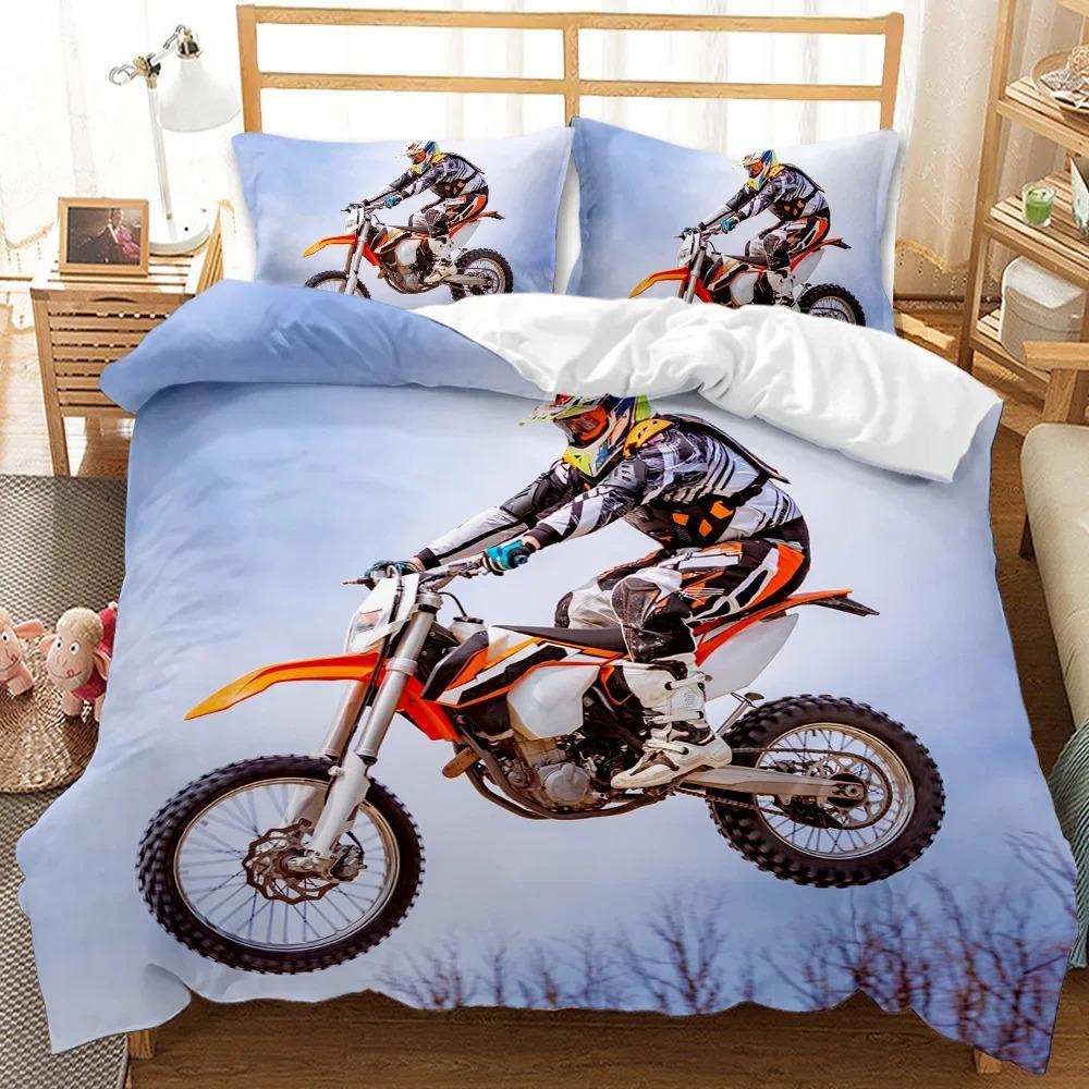 Motorbike Duvet Cover Set Motocross Rider Racing Motorcycle Dirt Bike Bedding Set Vehicles Extreme Sports Polyester Quilt Cover