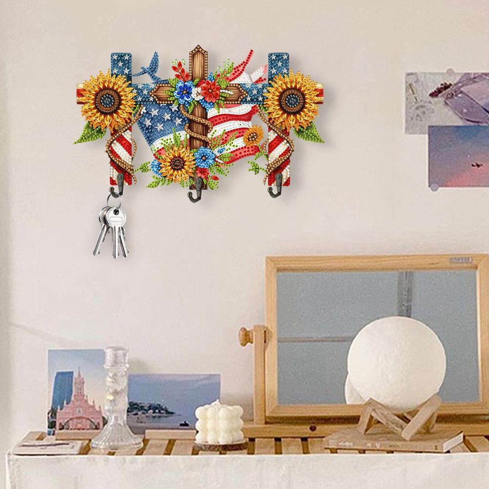 Wooden Flag & Flower Diamond Art Hanging Hooks Rhinestone Painting Coat Hook 3 Hooks Diamond Painting Hook Rail DIY Crafts Decor