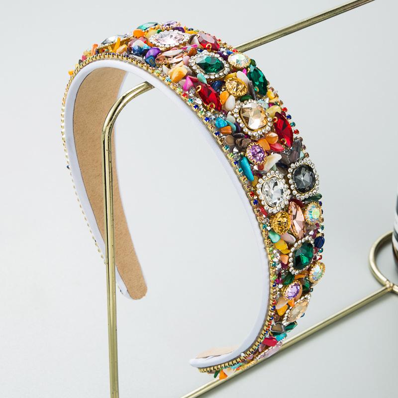 Женская повязка для волос в стиле барокко с геометрическим цветным камнем и кристаллами, повязка на голову из супер сверкающего цветного стекла, обруч для волос