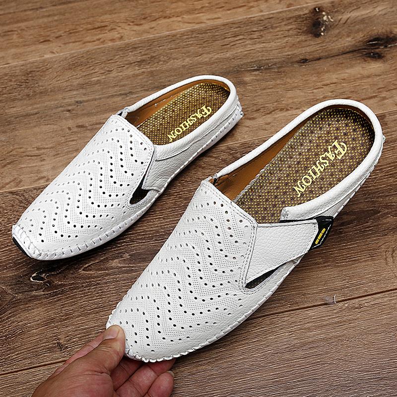 Модные летние новые мужские полушлепанцы из натуральной кожи, дышащие, повседневные мюли, легкие классические нескользящие мокасины для вождения