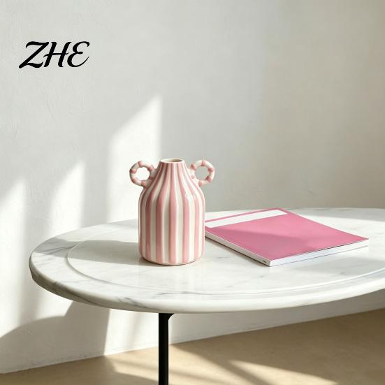 Modern Minimalist Flower Holder Striped Ceramic Vase, Glossy Hand Painted Vase with Double Unique Gift for Housewarming Ear Handles Living Room Table