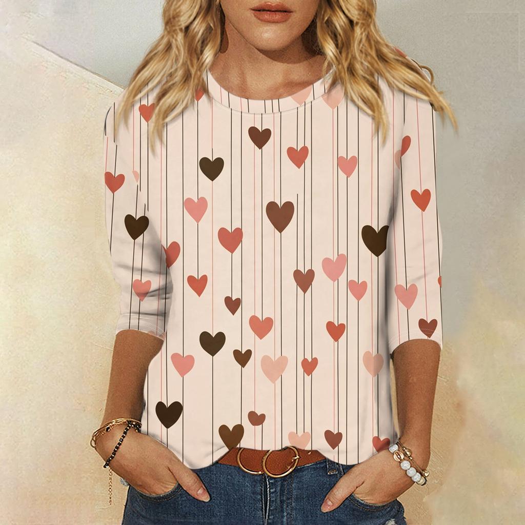 Женская мода, повседневная свободная футболка с принтом на День святого Валентина и круглым вырезом, рукав 3/4, женский топ