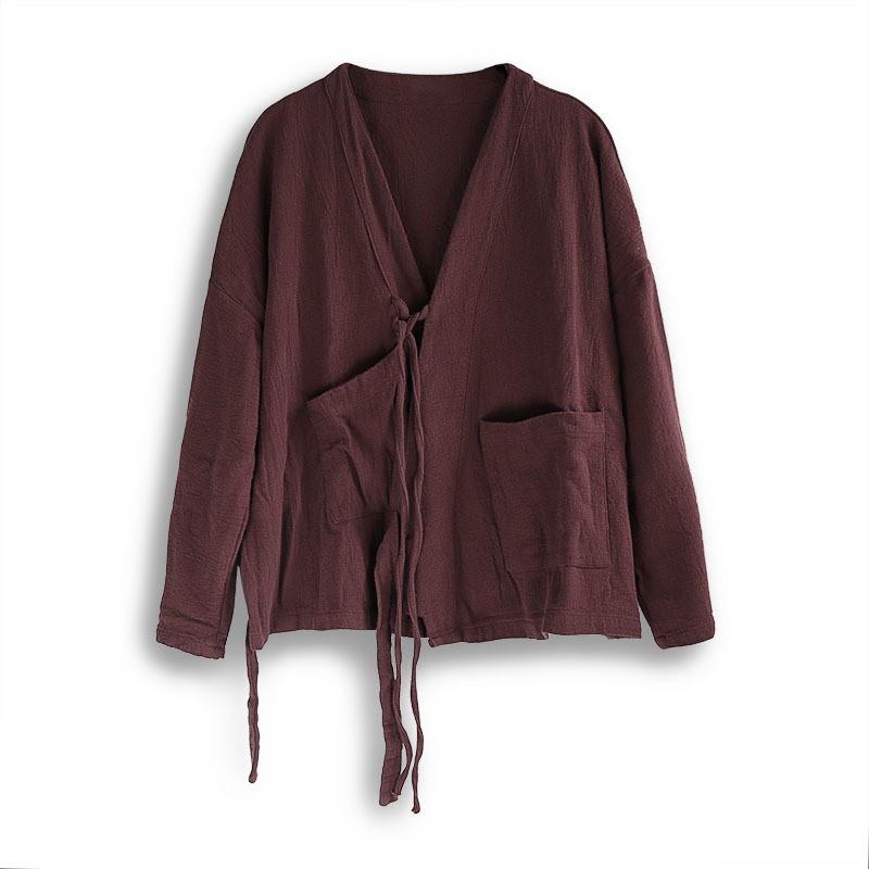 Johnature Винтажное женское пальто с длинными рукавами в китайском стиле, однотонное свободное пальто с V-образным вырезом на осень