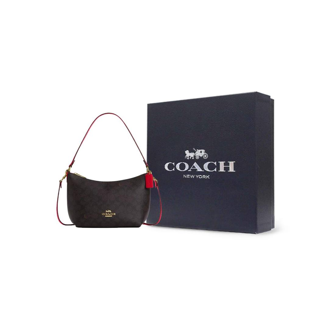 Coach Канва 20 Принт с каретами Верхняя молния Покрытие из канвы и кожи Сумка через плечо Женская сумка через плечо Грецкий орех CX610-IMXD0