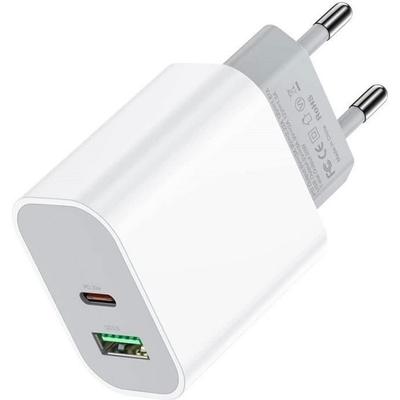 Быстрое зарядное устройство USB-C 20 Вт - ROHS - 2 порта PD/QC3 - Белое - Быстрая зарядка - Совместимо со смартфонами