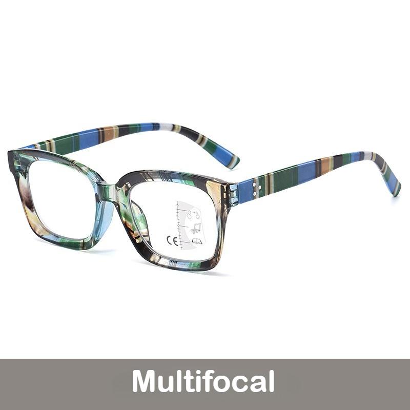 Unisex Fashionable Square Multifocal Glasses Classic Casual Reading Glasses Fashionable Striped-Frame Glasses for Farsightedness