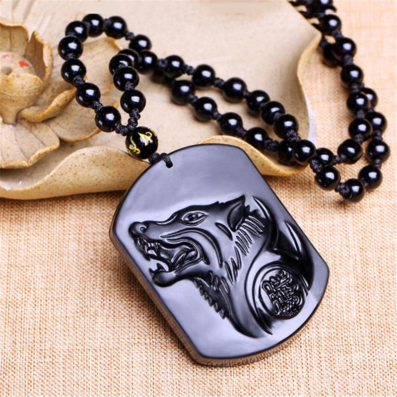 Натуральный черный обсидиан, резьба по голове волка, амулет, кулон, ожерелье, благословение, счастливый ювелирный подарок