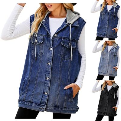 Женская повседневная свободная винтажная джинсовая жилетка с капюшоном