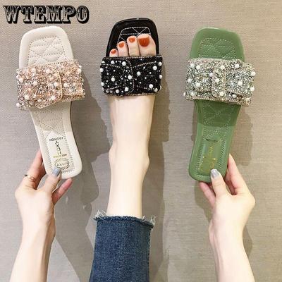 Женские сандалии на низком каблуке с квадратной головкой, женские студенческие тапочки на плоской подошве с жемчужным бантом, противоскользящая удобная обувь на мягкой подошве