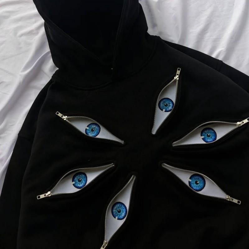 Unisex Dark Gothic Hoodie With Eye Print Patchwork Design Zipper Front Oversized Fit Streetwear