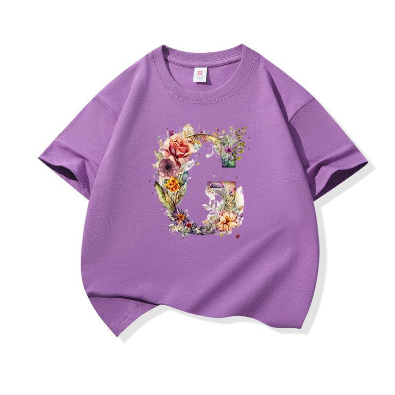 Kids Cotton T Shirt Floral Letter G Print Crew Neck Short Sleeve Tee Casual Boys Girls Summer Tops