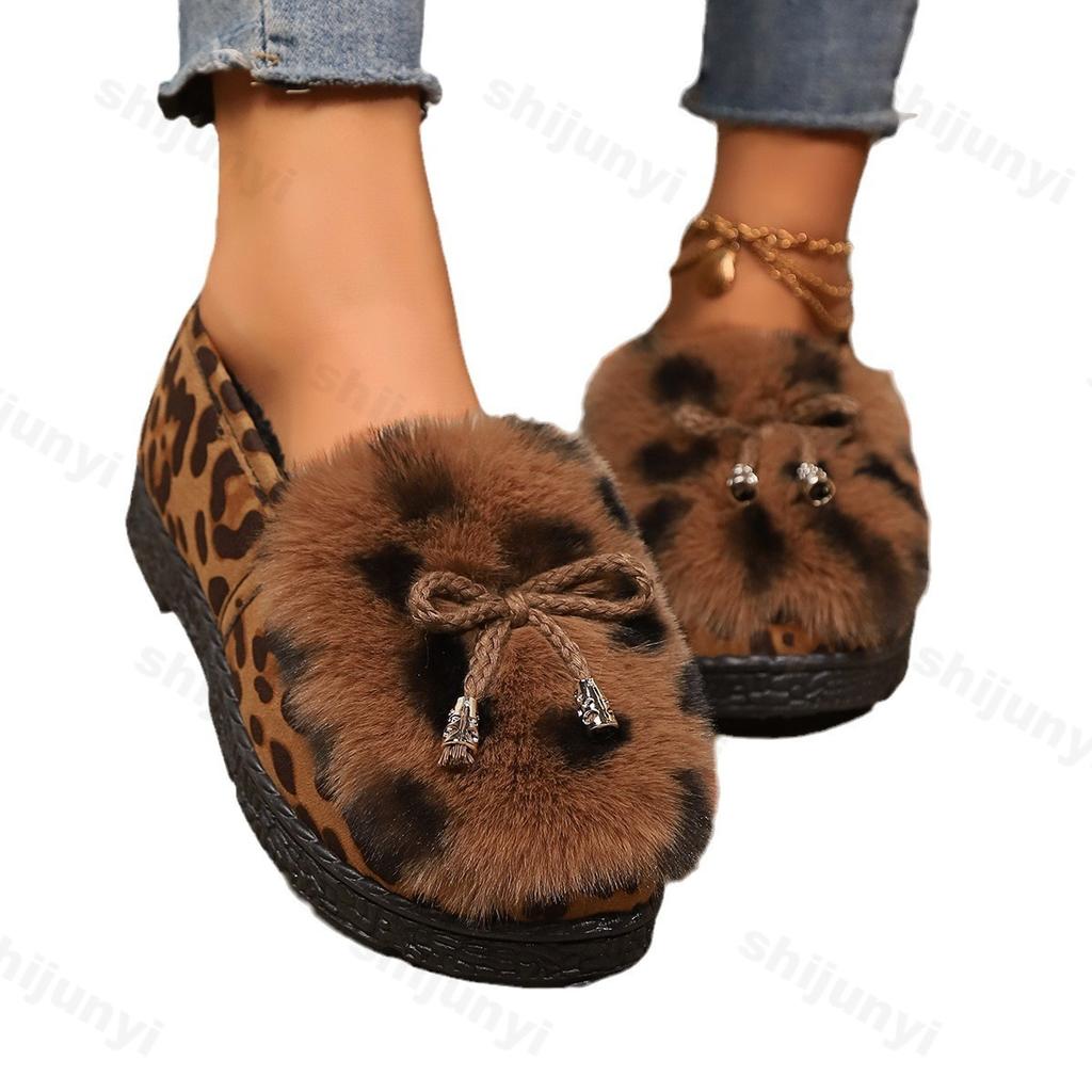 Winter Fuzzy Women Cotton Shoes Casual Non-slip Outdoor Shoes for Women Fashion Leopard Plush Shoes Warm Cozy Fluffy Woman Flats