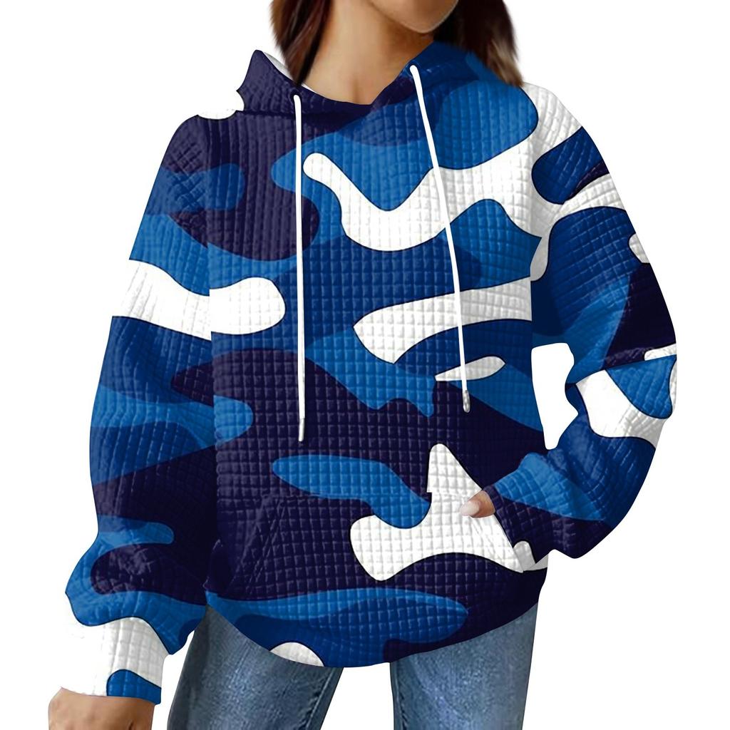 Women's Fashionable Loose Fitting Hooded Pullover, Long Sleeved Sportswear, Camouflage Printed Top, Daily Hoodie