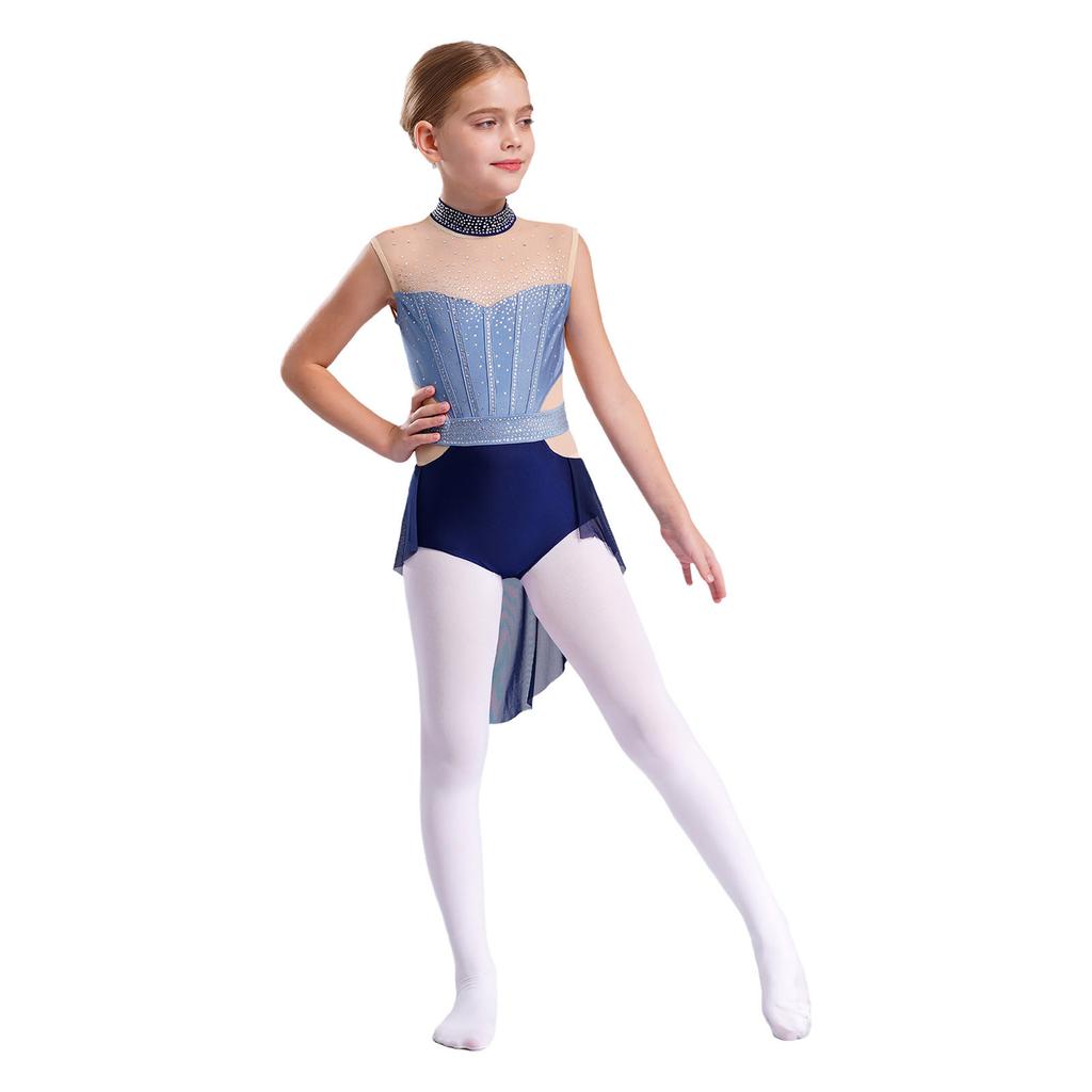 Kids Girls Ballet Gymnastics Dress Rhinestones Mesh Skirted Leotard Figure Ice Skating Jersey Lyrical Dance Performance Costume