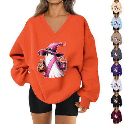 Женский спортивный свитшот с V-образным вырезом, приспущенным плечом и принтом на Хэллоуин