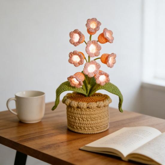 Lily of The Valley Lamp Crochet Artificial Flower Night Light Handmade Potted Plant Table Lamp for Women Wife Girlfriend Birthday Christmas Valentine