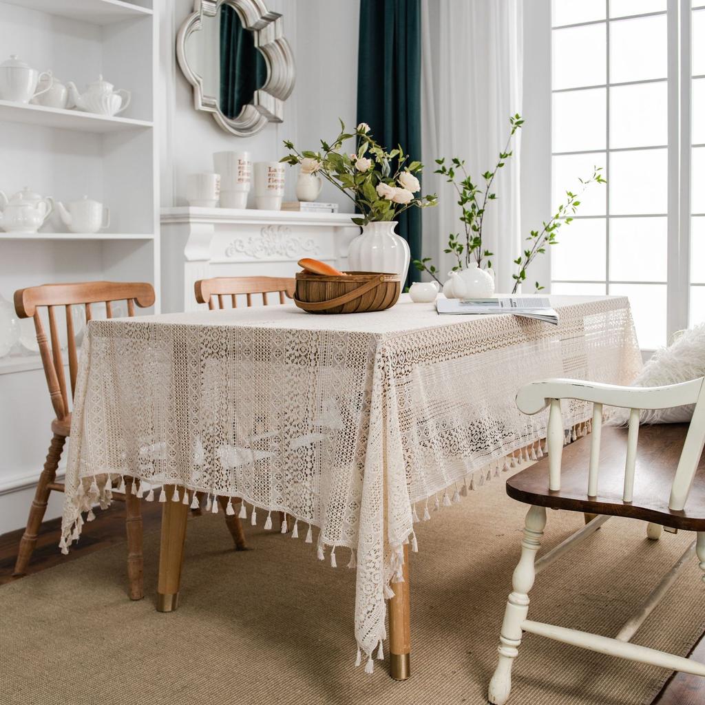 Bohemian Chic Crochet Lace Tablecloth, Farmhouse Style Vintage Hollow-Out Design Beige/Brown, Perfect for Kitchen Dining, Buffet Table, Holiday Dinner