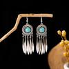European and American Retro Ethnic Style Turquoise Earrings, Hollow Ring Flower Fringed Earrings, Owl Water Drop Earrings