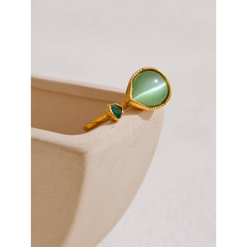 Yhpup Arrival Green Natural Stone Zirconia Water Drop Geometric Golden Ring for Women Stainless Steel Stylish Jewelry Gift