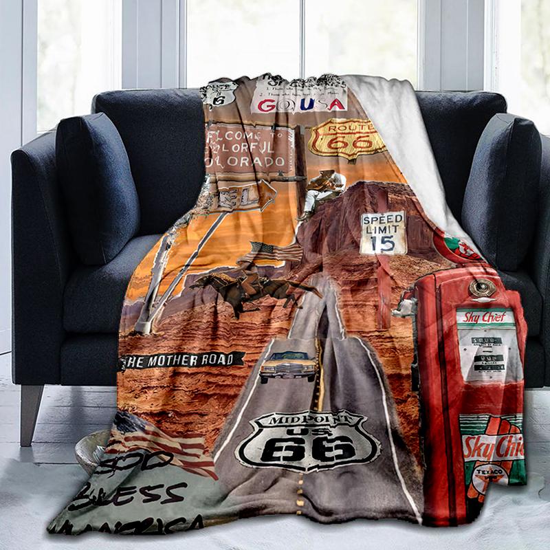 1PC Highway 66 pattern blanket, all season lightweight home office outdoor nap multifunctional blanket