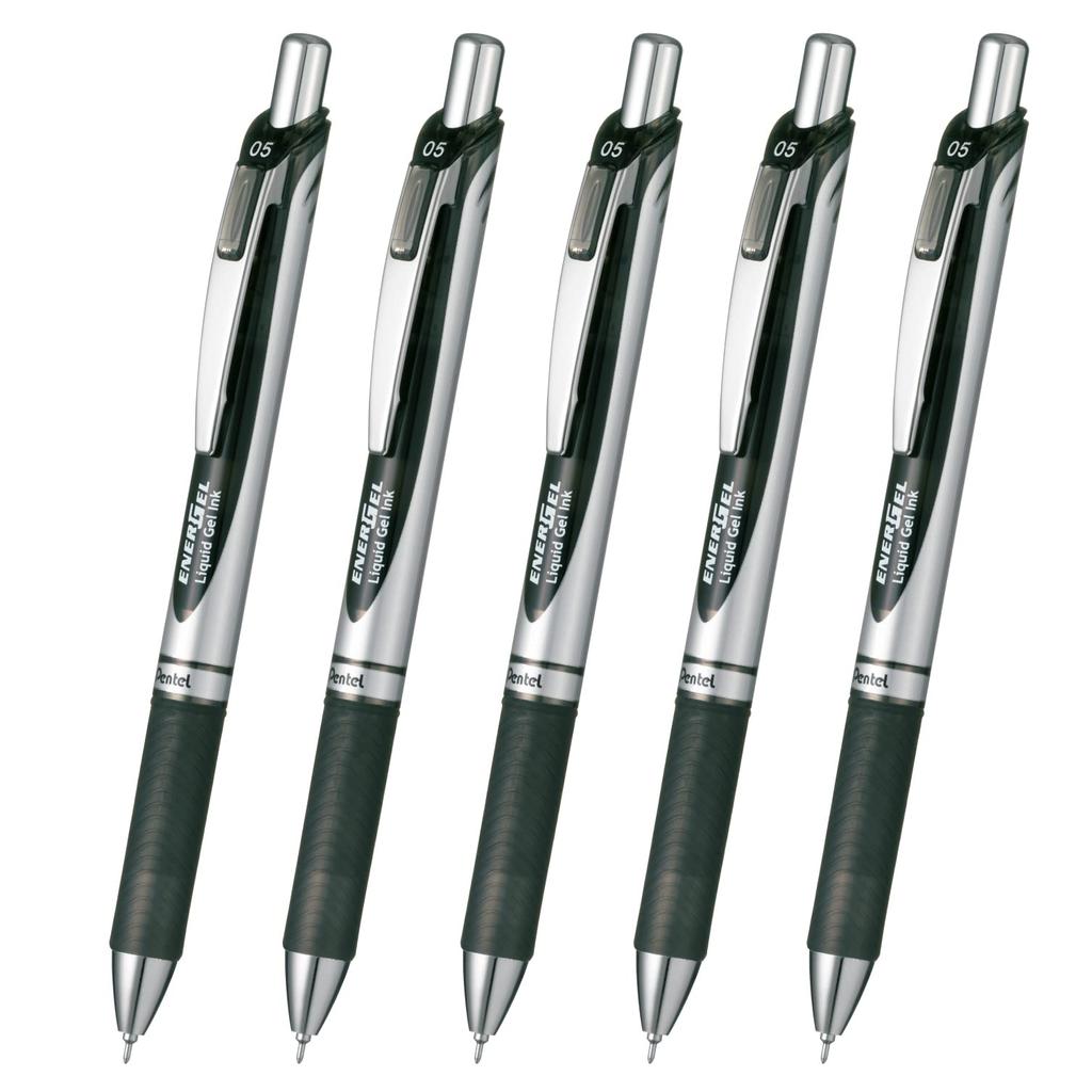 Pentel Energel Gel Ink Ballpoint Knock Silver 5 Pens Pen, Type, 0.5mm, Barrel, XBLN75ZA, Black,
